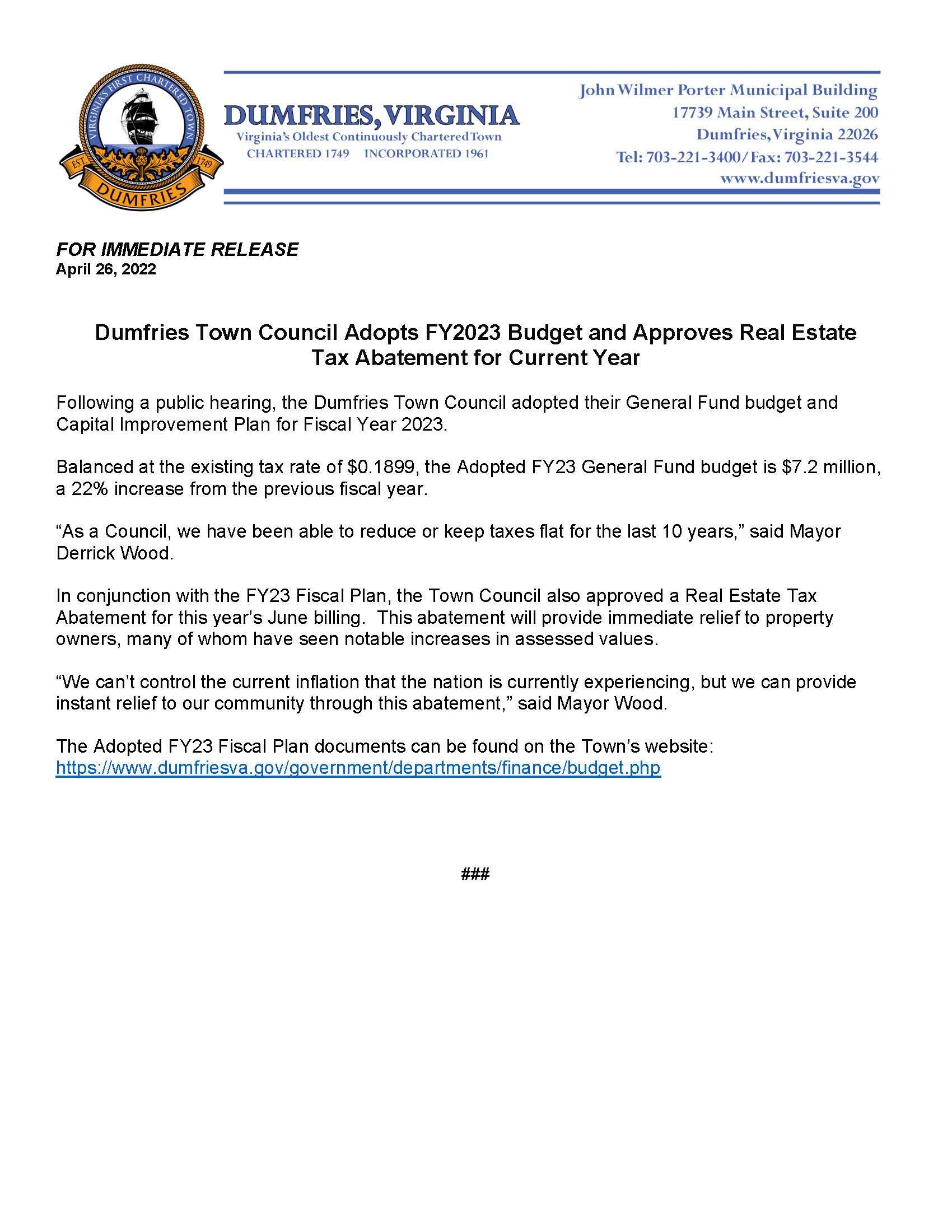 Dumfries Town Council Adopts FY23 Fiscal Plan Approves RE Tax Abatement